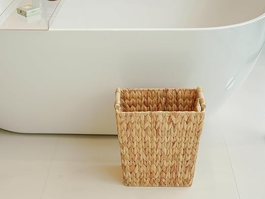 6 Gallon Wicker Trash Can with Wooden HandleWicker Waste Basket for BathroomBedroomLarge Narrow Water Hyacinth Trash BasketRattan Boho Decor Farmhouse Bathroom Trash Can