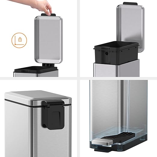 Mbillion Bathroom Trash Can with Lid Slim Stainless Steel Small Bathroom Garbage Can 10 Liter 2.6 Gallon Soft Close Step Pedal Slim Wastebasket for Toilet Office Bedroom Brushed Silver