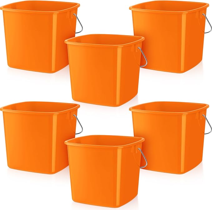 Zhehao 6 Pcs 3 Quart Bucket for Cleaning Small Sanitizer Bucket for Restaurant Square Plastic Pail with Handles for Home Offices Commercial Use Food Service(Orange)