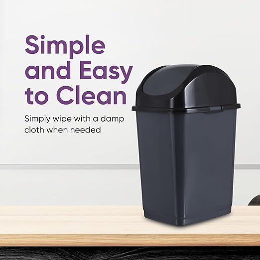 Superio Small 2.5 Gallon Plastic Trash Can with Swing Top Lid Compact Slim Waste Bin for Under Desk Office Bedroom Bathroom Dorm Room 10 Qt. Portable Garbage Can (Dark Grey 2 Pack)