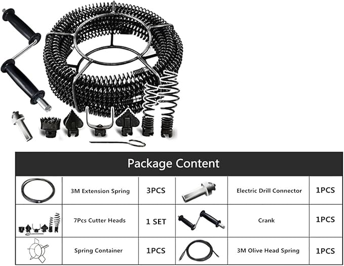 12M Household Drain Pipe Dredger Sewer Dredging Machine Extension Spring Set Compression Spring With Crank For 40-100MM Pipe