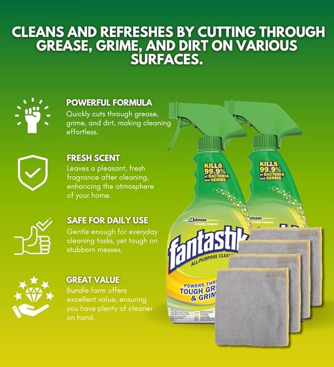 Fantastik Lemon Scent Multi-Purpose Cleaner Spray 32 oz Bundle with Microfiber Cloth - Multi-Surface Cleaner - Removes Grease &amp Grime - Leaves a Fresh Clean Finish - (6 Items)
