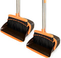 2-Pack Broom and Dustpan Set with Long Handle Heavy Dust Broom and Dustpan Combo for HomeKitchen Office Pet Hair (Brown Orange)