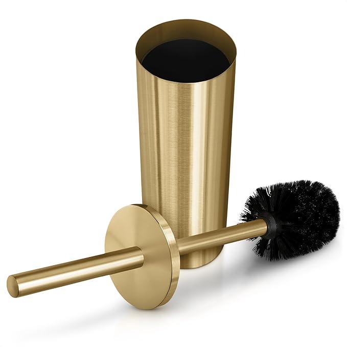 Gold Toilet Brush and Holder Set - Brushed Stainless Steel Gold Toilet Bowl Brush and Holder with Replacable Head Removable Inner Bowl and Splash Protection - Dense Bristles for Through Cleaning