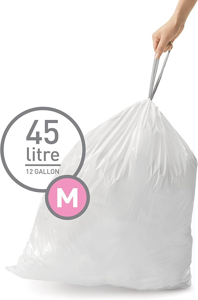 simplehuman Code M 100 Count Dispenser Pack Custom Fit Liners Drawstring Trash Bags 45 Liter / 11.9 Gallon White