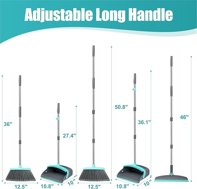 Upgrade Broom and Dustpan Set Silicone BroomLong Handle Broom with Upright Standing Dustpan Squeegee - Broom for Indoor Cleaning 2+1for Indoor OutdoorSmooth Floors Rugs (Green-Grey)