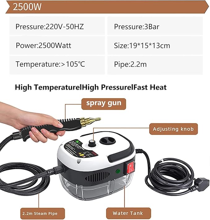High Pressure Portable Handheld Steam Cleaner - 2500W High Temperature Cleaning Machine with Brush Heads for Effective Kitchen Bathroom and Furniture Cleaning