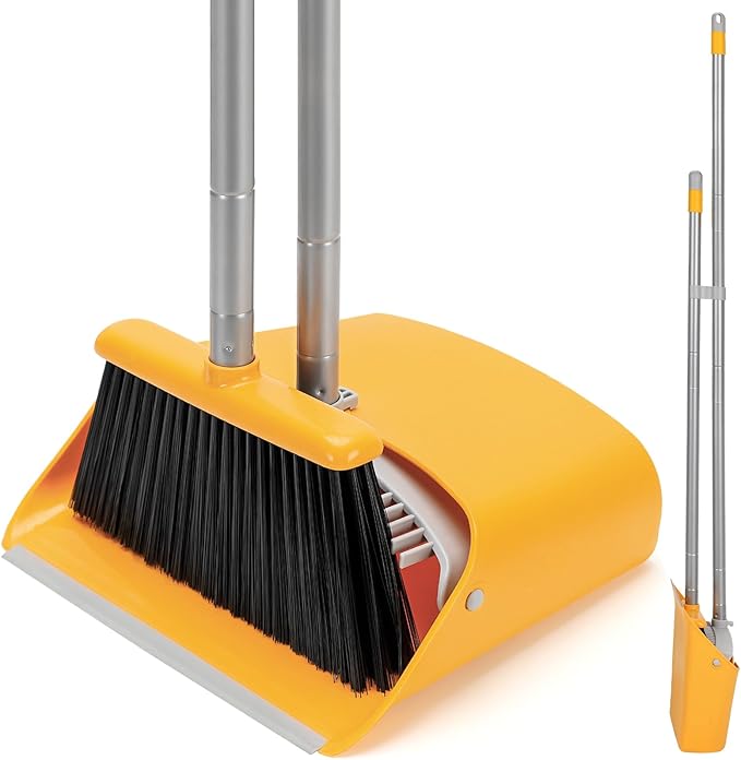 Broom and Dustpan Set with Long Handle 52 Standing Broom and Dust Pan Set for Home Kitchen Room Office Lobby Yellow