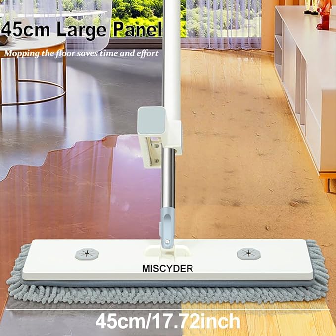 Hand-Free Self Microfiber Cleaning Mop Set - Dry &amp Wet Use for Hardwood FloorsWoodTile &amp Vinyl with 2pcs Large 45cm/17.72inch Washable Chenille Pads (Mop with 2 Fibers)