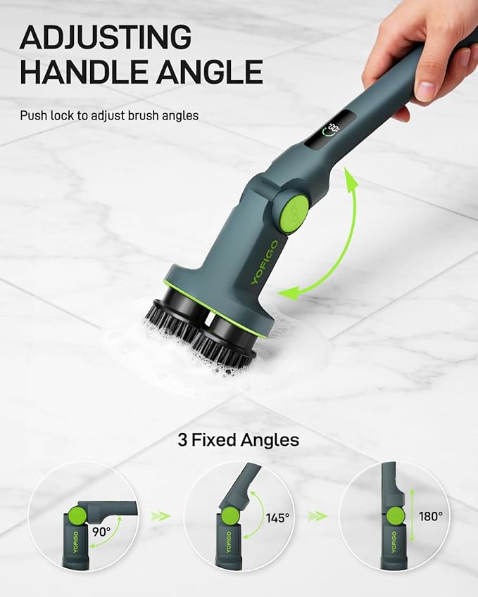 Electric Spin Scrubber Cordless Power Scrubber with Dual Rotating Brush Heads Adjustable Angle Handle 90°-180° 6 Replaceable Attachments IPX7 Waterproof for Bathroom Tile Floor Tub (C1 Plus)