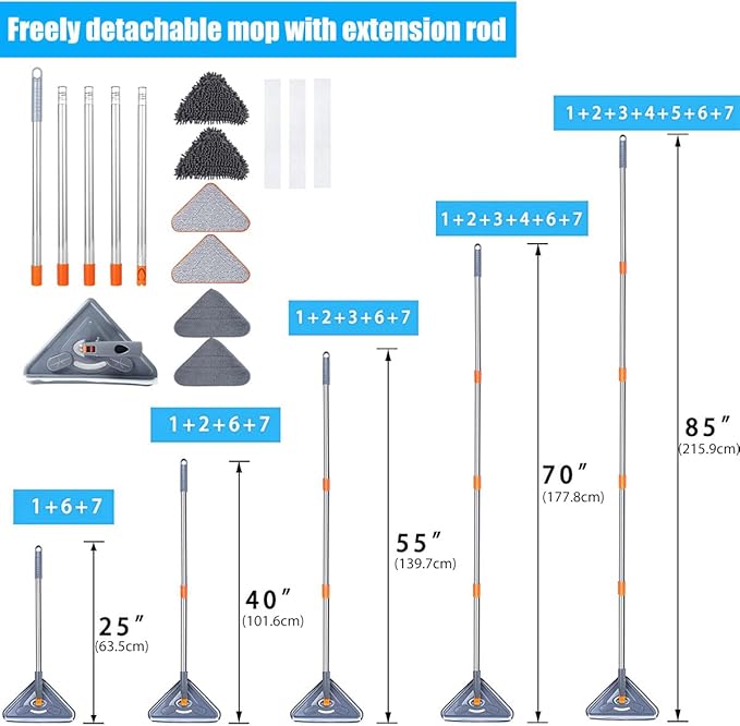 360° Rotatable Wall Mop with Long Handle Extension Pole Wall Cleaning Mop Triangle Dry and Wet Dust Wall Cleaner Mops(Type A)