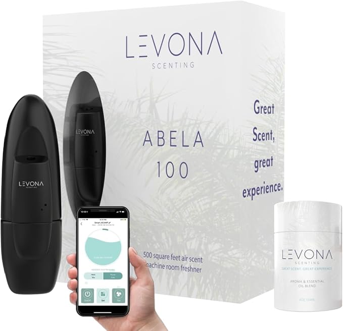 Levona Scent Waterless Diffuser - Essential Oil Aroma Smart Plug-in Portable Scent Machine for Home Office &amp Hotel Room Covers 500 sqft - Abela 100 Matte Black (with 120ml Oil &amp Cleaning C