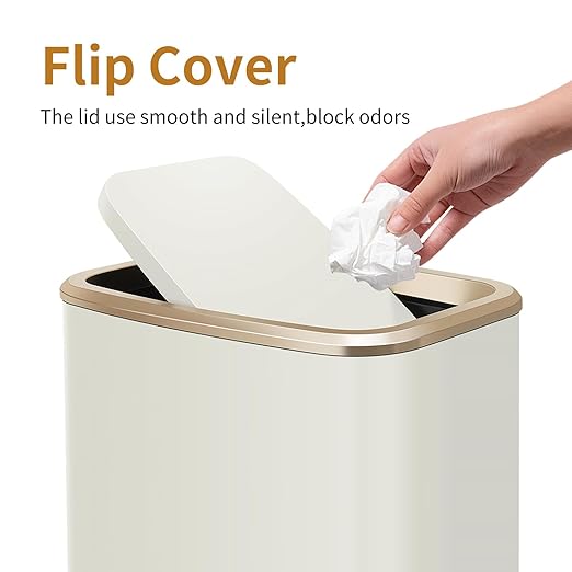 2 Gallon Small Office Bathroom Trash Can with Swing LidLiving Room Bedroom Garbage can Wastebasket binInner BucketMetal Decor Trash Can (Cream White)