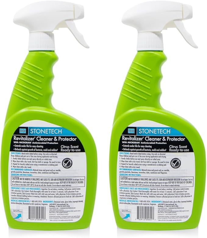 StoneTech Revitalizer Cleaner and Protector | Natural Stone Cleaner | Marble Quartz Granite Countertop Cleaner | 3-in-1 Cleans and Reseals | 2-Pack 24 oz Spray + Microfibers Citrus Scent
