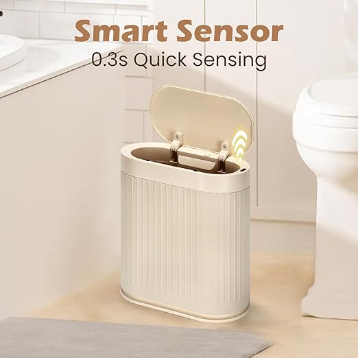 Bathroom Trash Can with Lid Automatic 2 Gallon Sensor Trash Bin 7.5 Liter Smart Rubbish Bin Motion Sensor Waterproof Bathroom Decor Plastic Narrow Garbage Can for Bedroom Office Beige