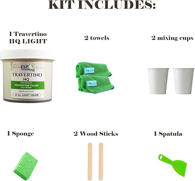 Travertino HQ Light Repair Kit – Travertine Hole &amp Crack Filler with Tools (Light Stone Shade)