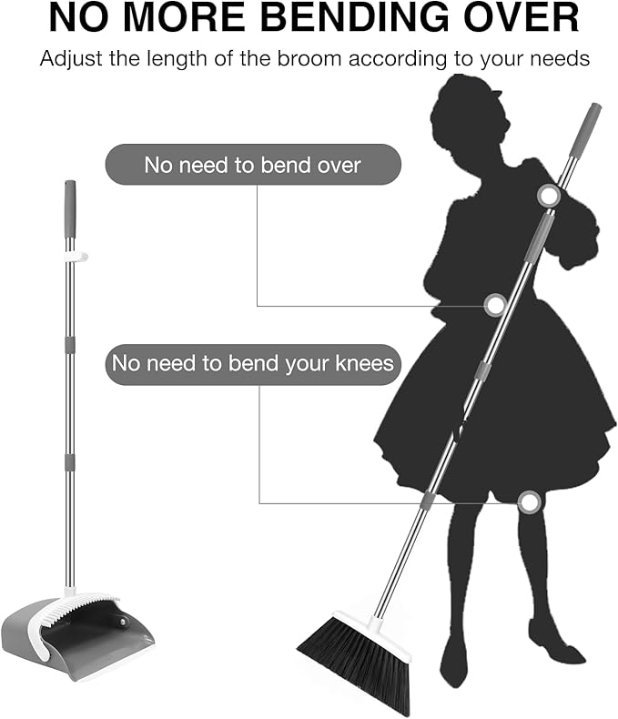 NACENA Broom and Dustpan Set 52-in Long Adjustable Handle Broom Dustpan Combo with Dustpan Teeth to Automatically Clean Hair Suitable for Home Kitchen Office Hall Floor (Grey&ampWhite) 2 Pack