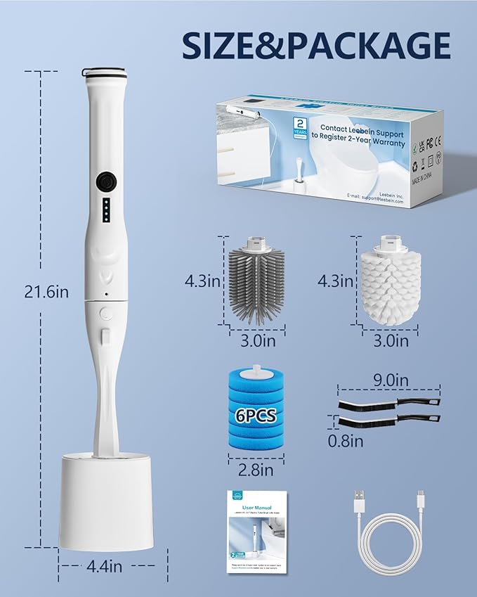 Leebein Electric Toilet Brush and Holder Set Electric Toilet Bowl Scrubber Kit with 8 Replaceable Brush Heads Disposable Toilet Brush with 6 Wand Cleaner Refills 2 Pcs Crevice Cleaning Brush