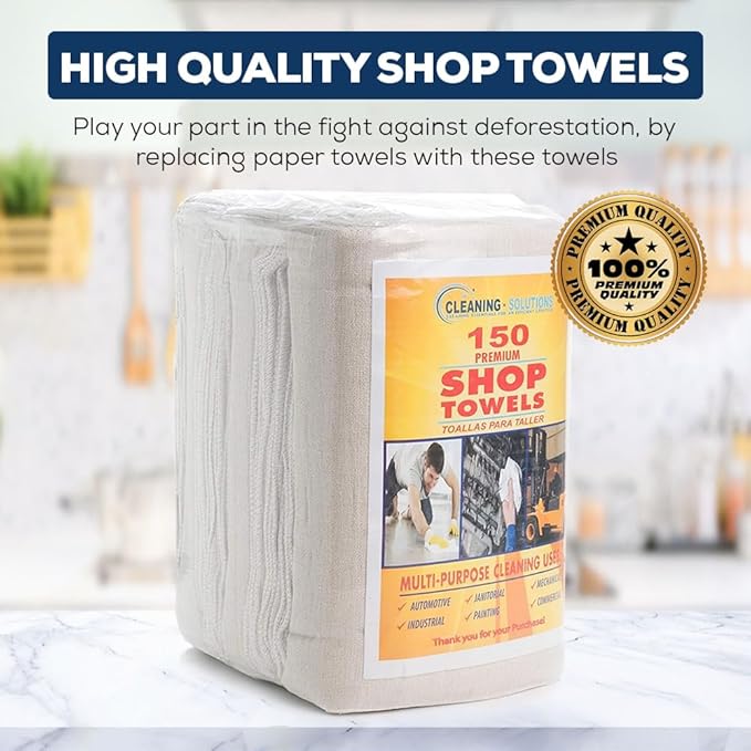 SIMPLI-MAGIC 79142 Shop Towels 14x12 150 Piece White (Pack of 4 600 Count Total)