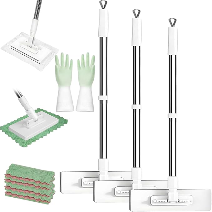 Fregona Antipolvo Desechable Fregona Antipolvo Desechable Con 4 Paños Reutilizables Disposable Dust Mop with 4 Reusable Cloths Flat Mop with Disposable Pads 39 Long Handle (3pcs)