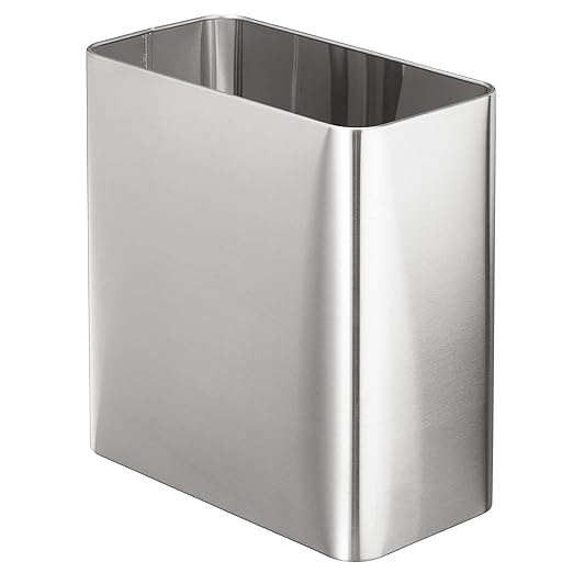 mDesign Stainless Steel Slim Rectangular Modern Metal 2.6 Gallon/10 Liter Trash Can Wastebasket Garbage Container Bin for Bathroom Bedroom Kitchen Home Office Holds Waste Recycling - Chrome