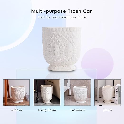 Bathroom Trash Can Ceramic Wastebasket Garbage Container for Bathroom Bedroom Dorm College Office Beige-White Decorative Compact Trash Can