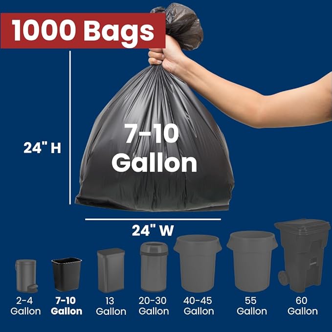 7-10 Gal Trash Bags | 1000 Count | 24 X 24 Black Garbage Bags for Kitchen and Office