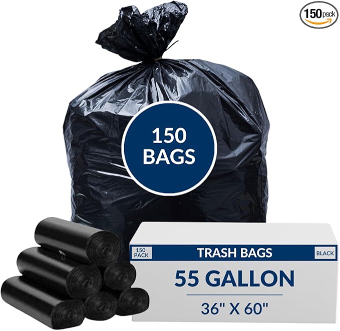 55 Gal Trash Bags | 150 Count | 36 X 60 Black Extra-Large Garbage Bags for Big Jobs