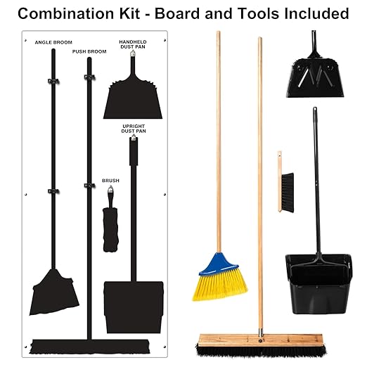 Clean &amp Sweep 5S Shadow Board/Wall Mount Broom Holder 68 x 30 Board 5S Cleaning Station - with Broom and Dustpan Set Included Made in The USA by AccuformNMC White/Black PSB116WTBK