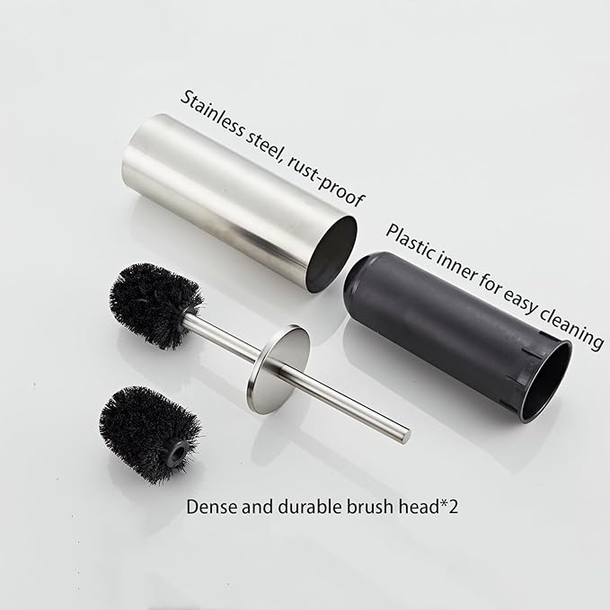 Brushed Nickel Toilet Brush and Holder Set - Stainless Steel Toilet Bowl Scrubber with Replaceable Head &amp Splash Guard