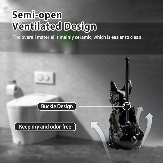 Shar Pei Hideaway Toilet Brush Holder - Concealed Brush Storage Modern Black Ceramic Bathroom Organizer with Sturdy Brush &amp Foam Protection Dog Lover Gift
