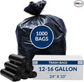 12-16 Gal Trash Bags | 1000 Count | 24 X 33 Black Medium Garbage Bags for Home and Office
