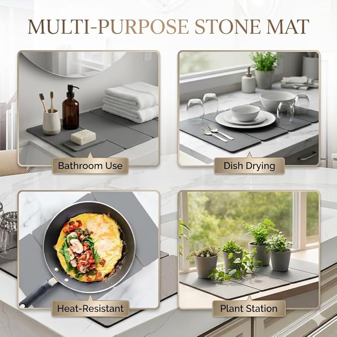 Dish Drying Mat 2 PCS Large Stone Drying Mat for Kitchen Counter 23.5×15.5 – Drying Matt Kitchen Counter Stone Dish Drying Mat Diatomaceous Earth Kitchen Dish Drying Mat Quick Dry Drying Mats