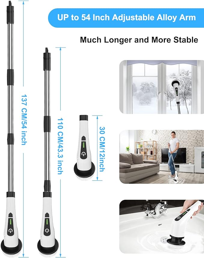 Leebein Electric Spin Scrubber Cordless Cleaning Brush with 8 Replaceable Brush Heads Tub and Floor Tile 360 Power Scrubber Dual Speed with Adjustable &amp Detachable Handle for Bathroom Kitchen Ca