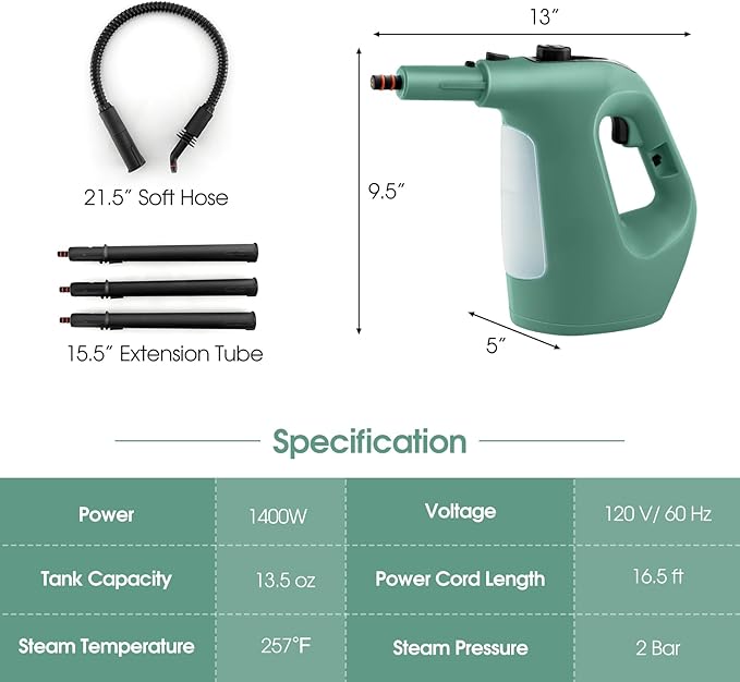 S AFSTAR Handheld Steam Cleaner 1400W Pressurized Steamer with 14-Piece Accessories &amp Child Lock Multipurpose Portable Steamshot Steam Mop for Cleaning Kitchen Floor Sofas Car Windows (Green)