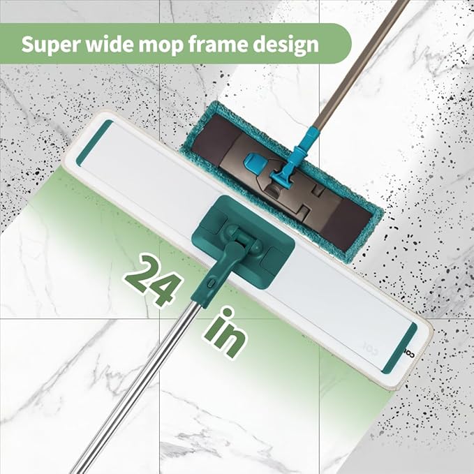 CQT Commercial Flat Microfiber Floor Mop Cleaning System 24 Inch Wet Dry and Dust Hardwood with 4 Washable Pads Cleaner for Laminate Tile Stainless Steel Handle and Extension (PT14 Green)