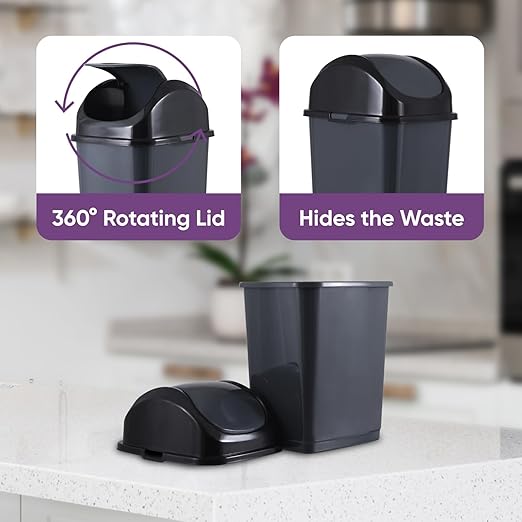 Superio Small 2.5 Gallon Plastic Trash Can with Swing Top Lid Compact Slim Waste Bin for Under Desk Office Bedroom Bathroom Dorm Room 10 Qt. Portable Garbage Can (Dark Grey 2 Pack)