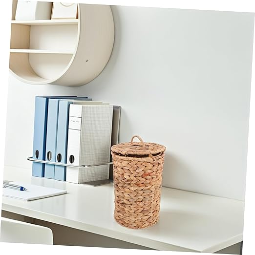 Zerodeko Natural Woven Hyacinth Trash Can with Lid Decorative Rattan Wastebasket for Bathroom Bedroom Kitchen Multi Purpose Storage Bin for Essentials Compact Lightweight Design