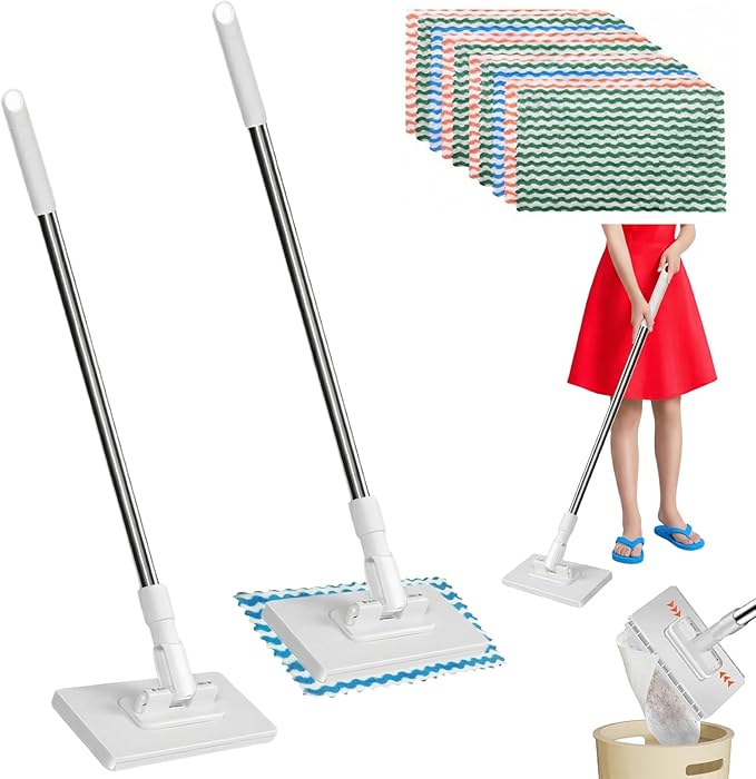 2 PCS Snap Grip Mini Mop Set with 36in Handle &amp 10 PCS Reusable Cloths Convenient Cloth Changing Mini Mop Automatic Gripping or Releasing 360° Rotating Head for Wet &amp Dry Cleaning Corners