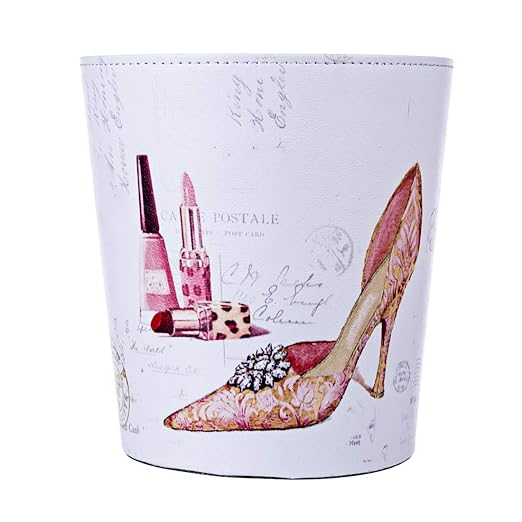 10L/2.64 Gallon Trash Can Decorative Waste Basket PU Leather Waste Paper Basket Waterproof Garbage Can for Bathroom Bedroom Office Kitchen and Living Room - Lipstick High Heels