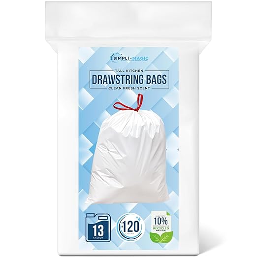 Simpli-Magic 13 Gallon Drawstring Trash Bags Code B 120 Pack – Tall Kitchen Garbage Bags Custom Made with Premium Materials (White)