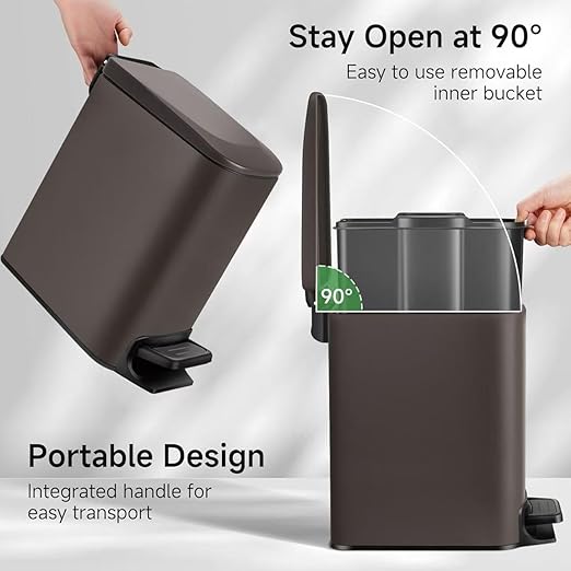 TIPGO Slim Bathroom Trash Can with Lid Soft Close Step Pedal 6 Liter / 1.6 Gallon Stainless Steel Trash Bin Small Garbage Cans for Bedroom Office Kitchen (Brown)