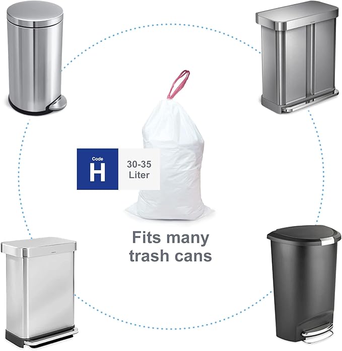 Compatible With Simplehuman Code H - 100 Count Durable Custom Fit Plastic Trash Bags w/Drawstring - 30-35 Liter/ 8-9 Gallon Trash Cans - Heavy Duty Garbage Bag - Made in USA