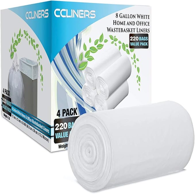 8 Gallon Medium Trash Bags White Kitchen Garbage Bags Plastic Wastebasket Trash Can Liners for Home and Office Bins 220 Count