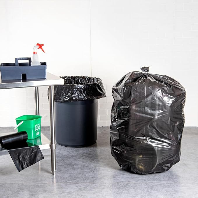 Restaurantware RW Clean 55 Gallon Trash Bags 100 Light-Duty Garbage Can Liners - Fits 55-60 Gallon Trash Cans Stretchable Black Plastic Bin Liners With Star Seal Bottom