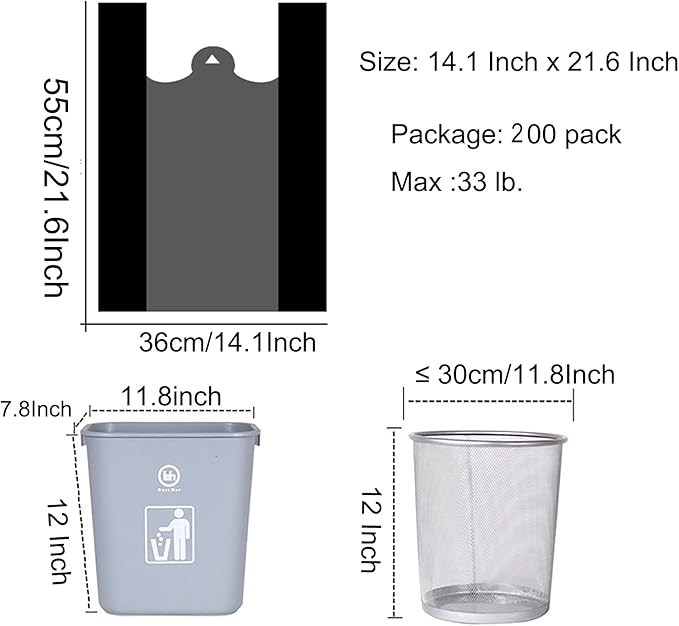 200 Counts Kitchen Garbage Bags and 1.8mil Thick Black Trash Bag with Handles 14x21.6 Inch 3-4 Gallon Picnic Kitchen Daily Use Bedroom Waste Bin Garbage Bags Bulk Bags
