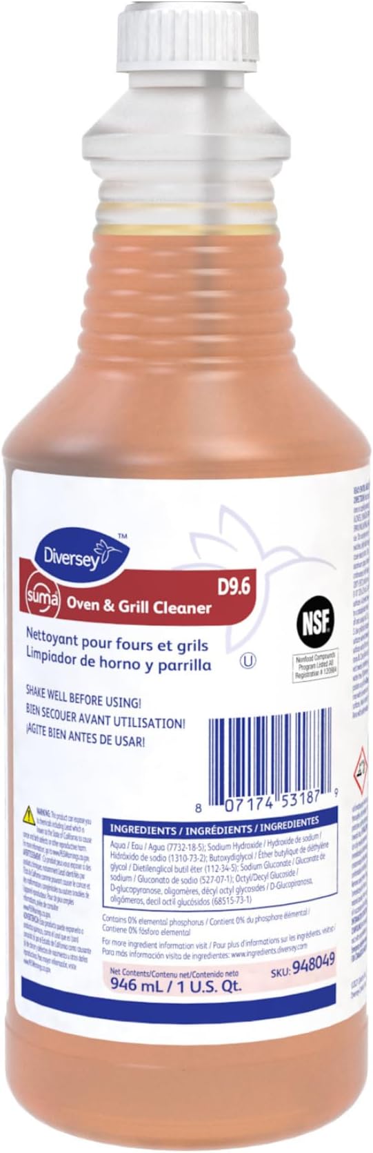 Diversey 948049 SUMA Oven and Grill Cleaner Heavy Duty Removes Baked on Grease and Carbon Buildup Capped Ready-to-Use Gel 32-Ounce