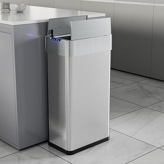 TLSUNNY 21.1 Gallon Automatic Trash Can Stainless Steel Motion Sensor Garbage bin Smart Trash Can W/Butterfly Lid Bag Retainer Ring and Display Light for Living RoomKitchenOffice (Silver 80L)