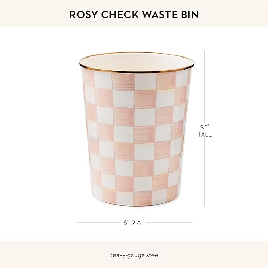MACKENZIE-CHILDS Waste Bin Decorative Bedroom Trash Can or Bathroom Trash Can Pink-and-White Rosy Check
