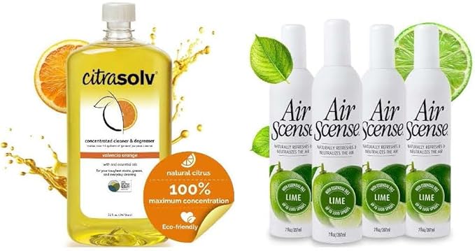 Citra Solv &amp Air Scense | Special Bundle | Concentrated Cleaner &amp Degreaser 32 fl oz| Essential Oil Air Freshener 7 fl oz Lime 4PK | Household Cleaner Non-Aerosol | Valencia Orange &amp Lime